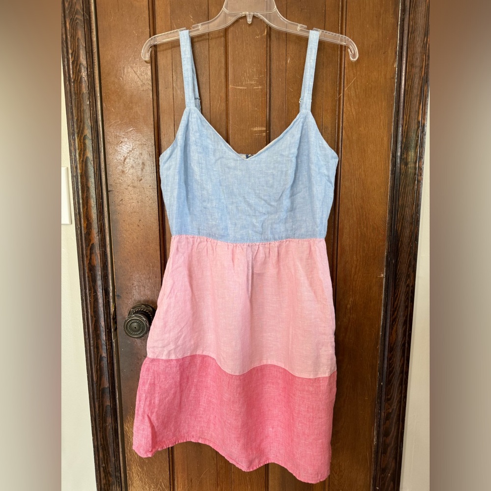100% Linen Cynthia Rowley Pink Blue Linen V Neck Sleeveless Mini Dress Women 8
